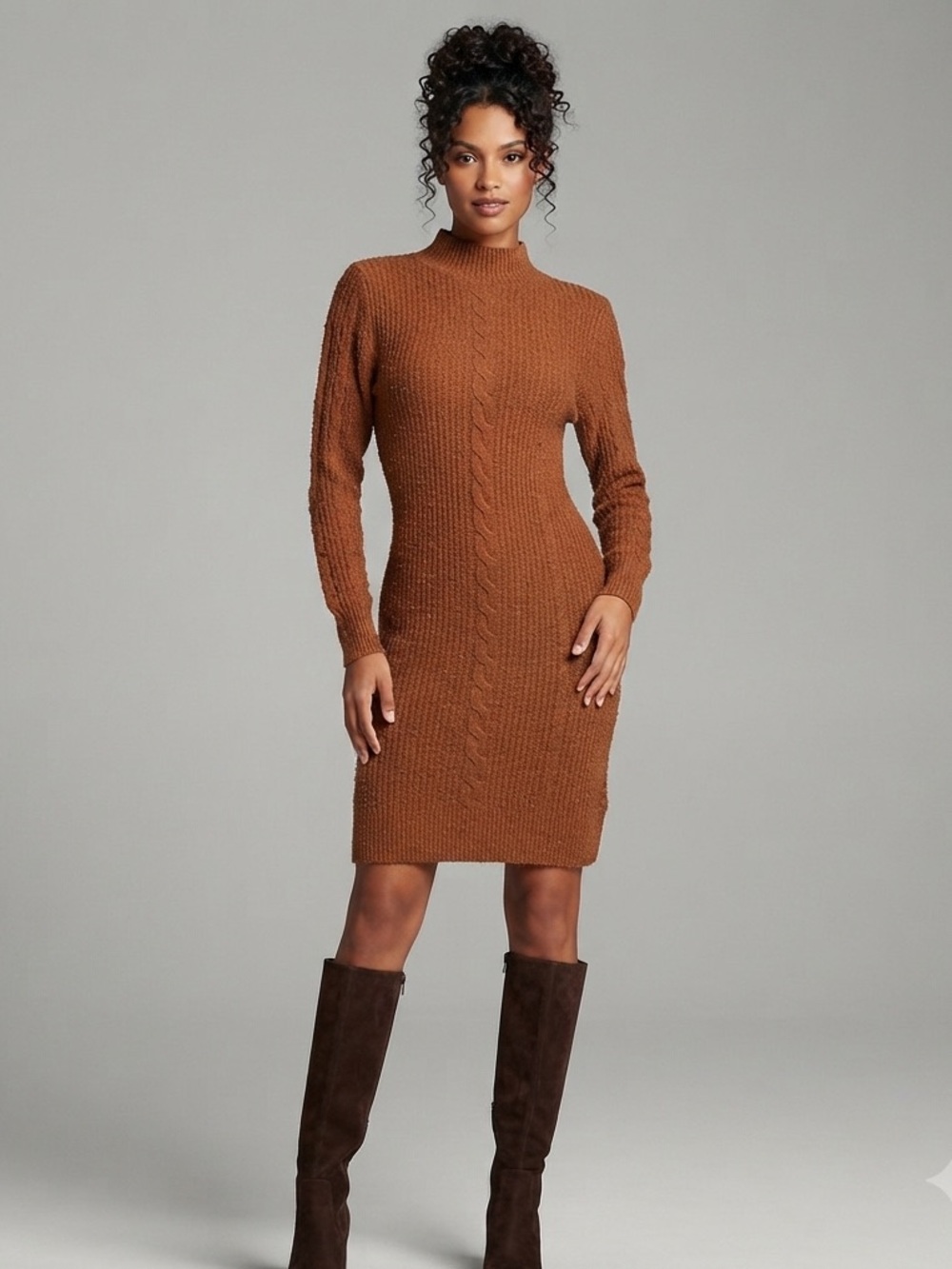 Pink Rose Brown Knit Fuzzy Sweater Dress